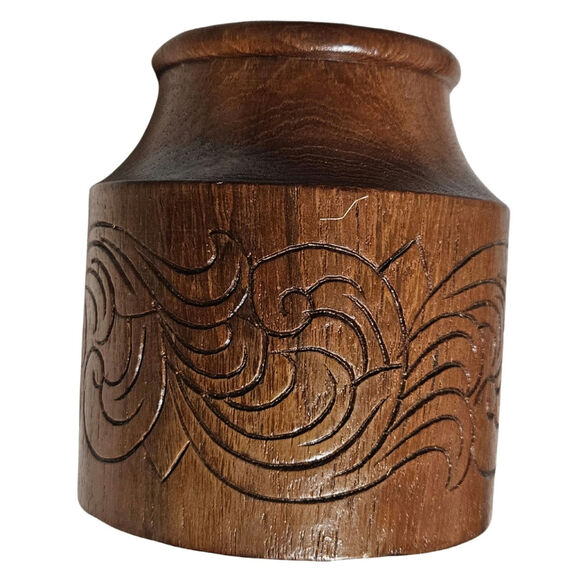 1960s Teak Wood Hand Carved Tea Canister With Lid Round Container Tiki Jar - Picture 4 of 7